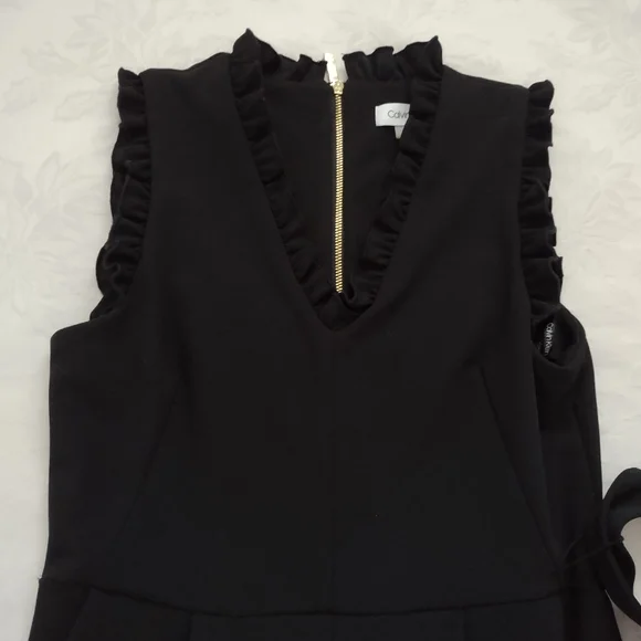 Calvin Klein ruffled v-neck belted wide leg jumpsuit